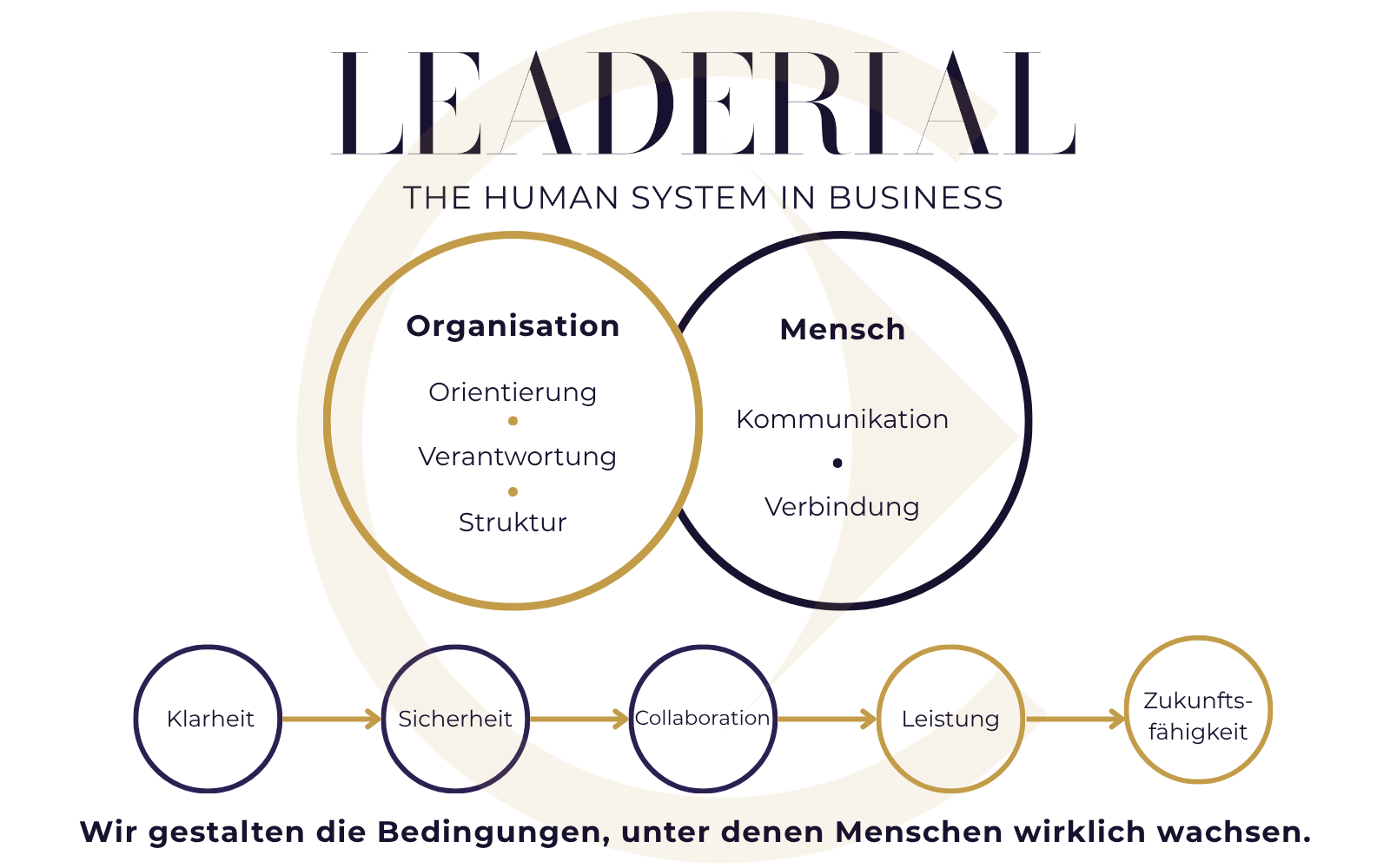 Das LEADERIAL Framework: Organisation und Mensch als zentrale Systeme, verbunden durch Klarheit, Struktur, Verbindung, Verantwortung und Orientierung.