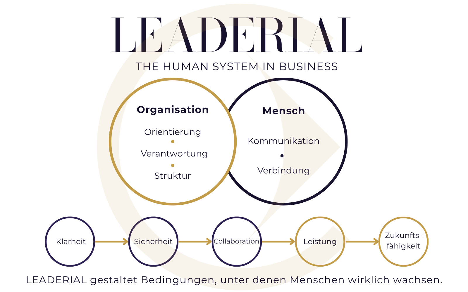 Das LEADERIAL Framework: Organisation und Mensch als zentrale Systeme, verbunden durch Klarheit, Struktur, Verbindung, Verantwortung und Orientierung.